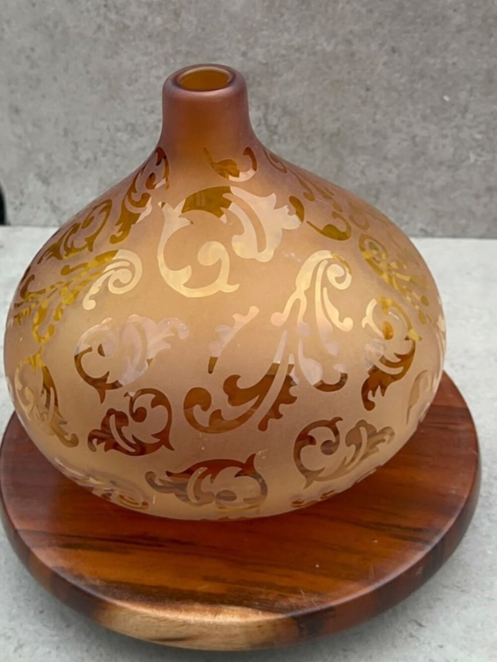 Vintage Etched Amber Glass Vase with Gold Scroll Damask Pattern | Satin Finish B